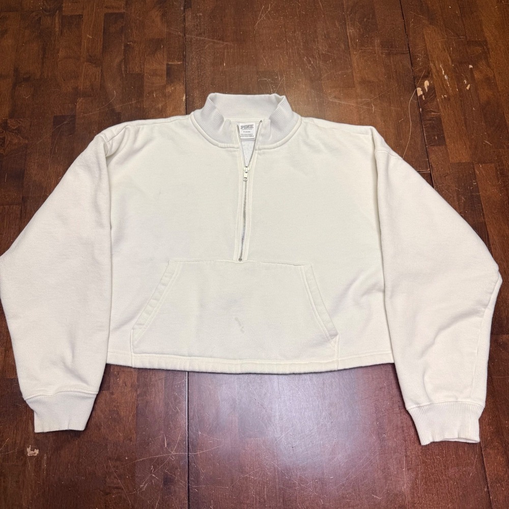 PINK 1/4 Zip Pullover Women‎ Medium Cream Cropped Fleece Sweatshirt